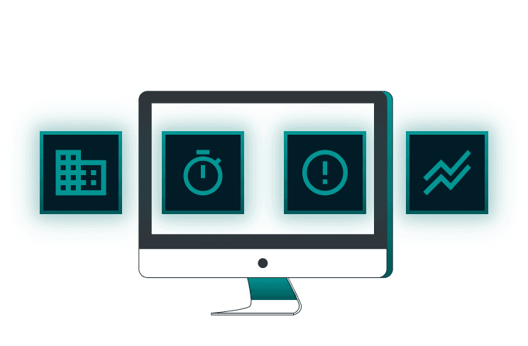 Ilustración de un monitor con indicadores de empresa, tiempo, alertas y tendencia