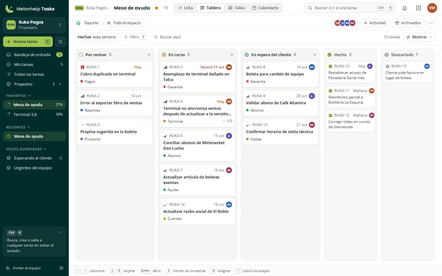 Tablero de Melon Help con tareas de soporte ordenadas por estado: por revisar, en curso, en espera del cliente y hechas